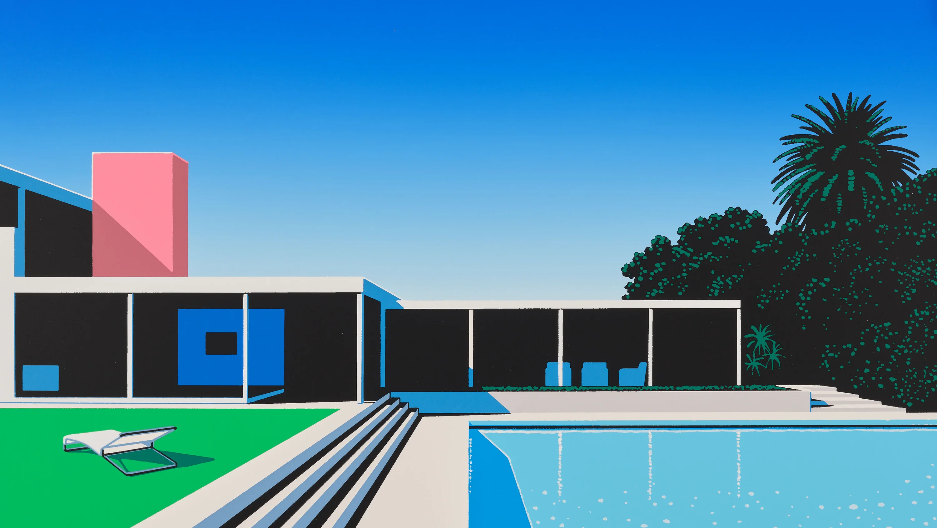 Poolside villa with a pink chimney, a glass pavilion, a green lawn and a palm tree under a clear blue sky